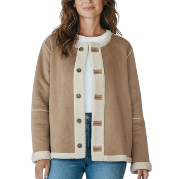 J.Jill Women 2X Reversible Faux Suede Sherpa Lined Button Front Jacket Oatmeal - Picture 1 of 14